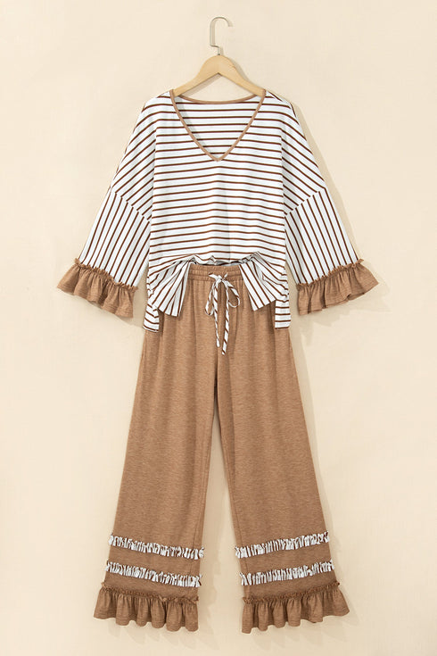 Striped Ruffle Sleeve V Neck Drawstring Pant Set