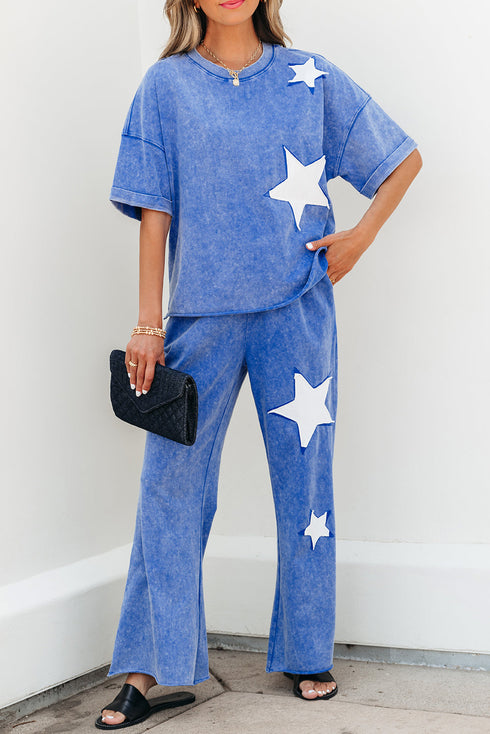Acid Wash Star Applique Rolled Trim Pants Set