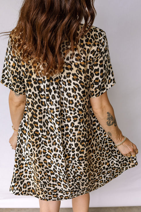 Leopard Print Half Button Short Sleeve Loose Mini Dress