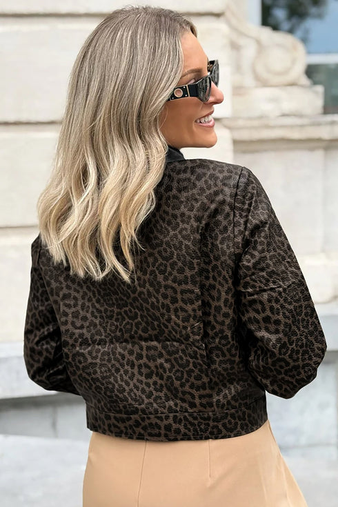 Pu Leather Leopard Print Collar Metal Placket Jacket