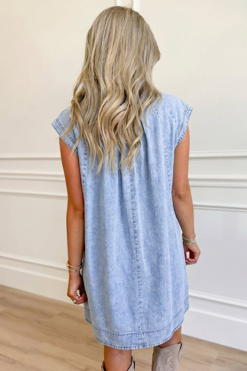 Cap Sleeve Pleated Round Neck Denim Shift Mini Dress