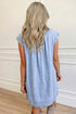 Cap Sleeve Pleated Round Neck Denim Shift Mini Dress