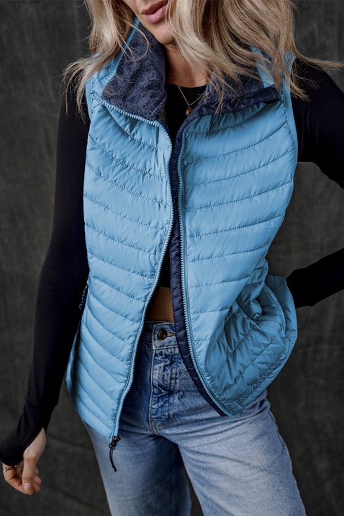 Plush Collar Quilted Zip Front Puffer Vest