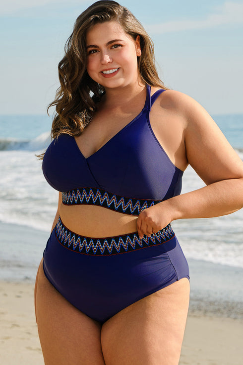 Embroidered Trim Wrap Tie High Waisted Plus Size Swimwear