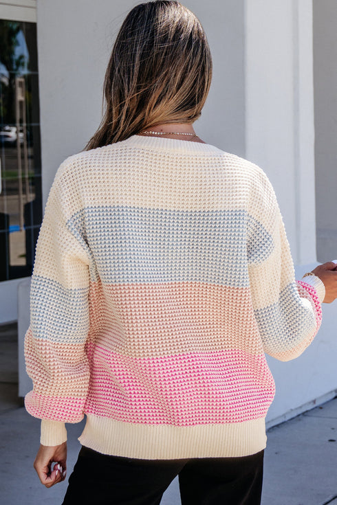 Paneled Drop Shoulder Round Neck Long Sleeve Pullover Sweater