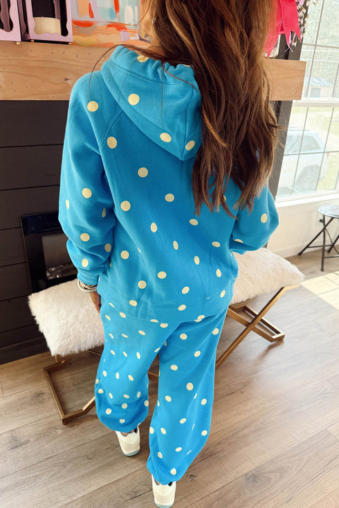 Polka Dot Hooded Drawstring Long Sleeve Loungewear Set