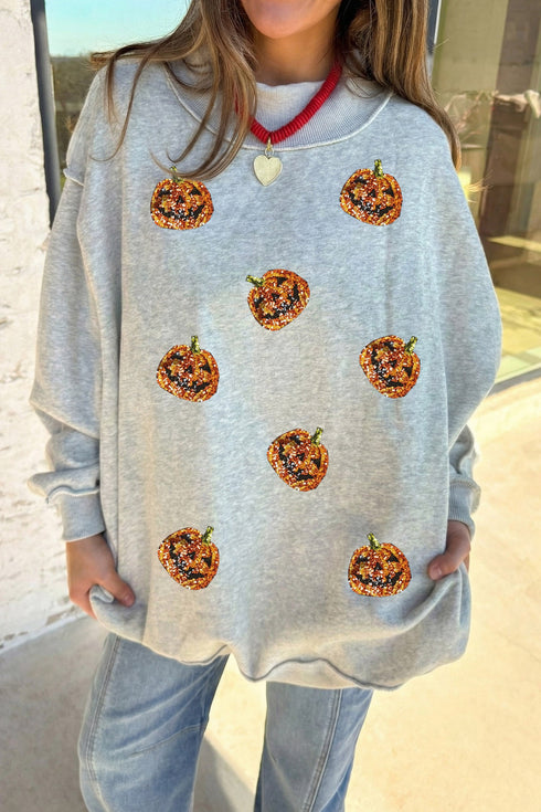 Sequined Pumpkin Graphic Exposed Seam Mock Neck Sweatshirt