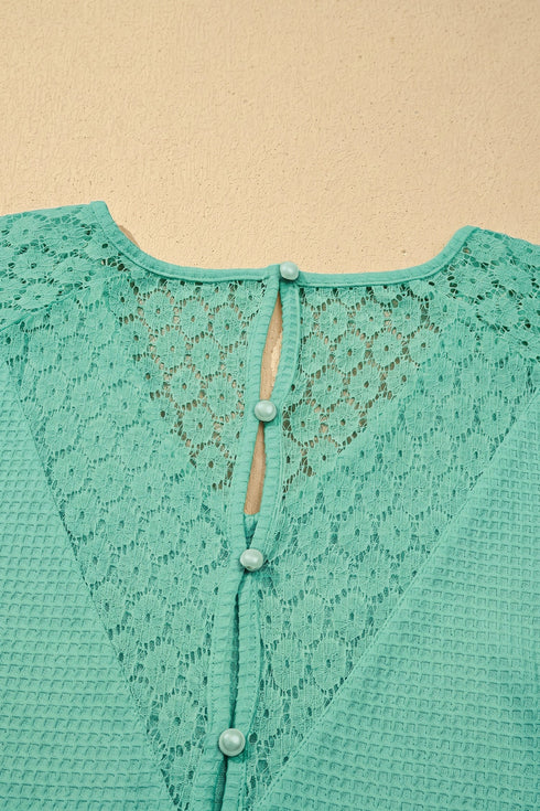 Lace Splicing Button Cutout V Neck Waffle Knit Blouse