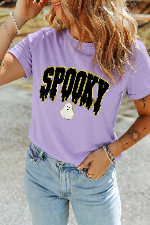 Spooky Ghost Letter Print Round Neck Graphic Tee