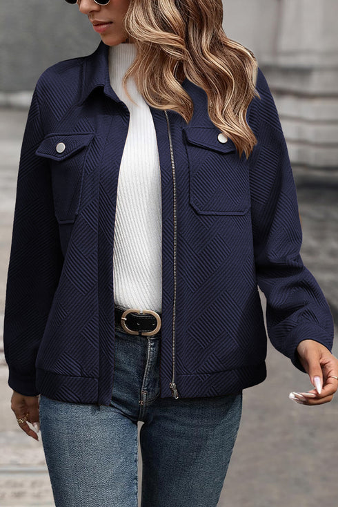 Casual Textured Flap Pocket Shirt Collar Zip Up Jackets