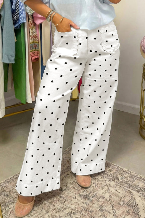 Polka Dot Print Scalloped Patch Pocket Cotton Shift Pants