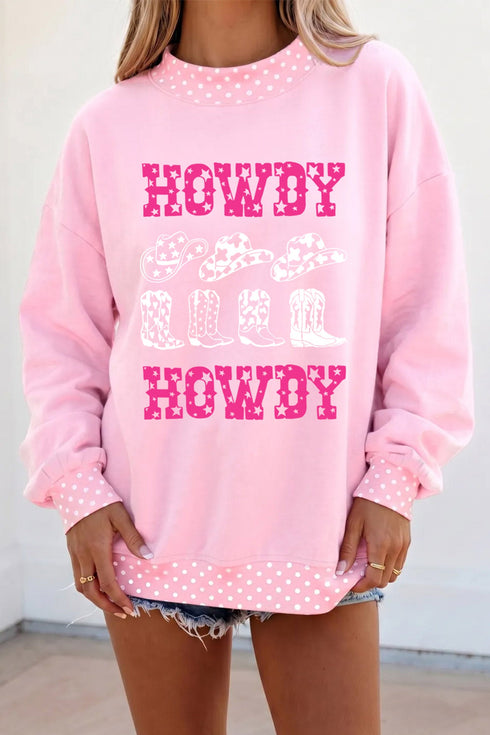 Howdy Graphic Polka Dot Hem Mock Neck Sweatshirt