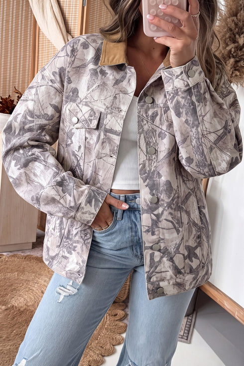 Abstract Camo Print Collar Oversized Shift Silhouette Denim Jacket