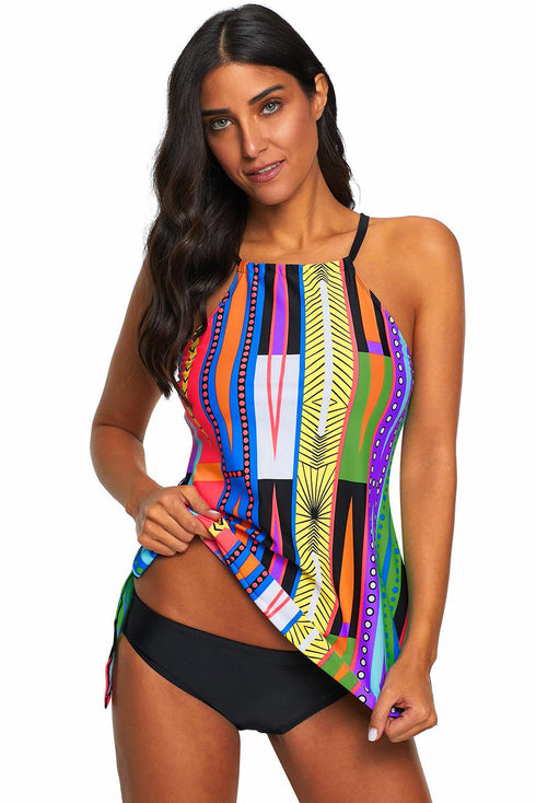 High Neck Geometric Print Halter Tankini Top