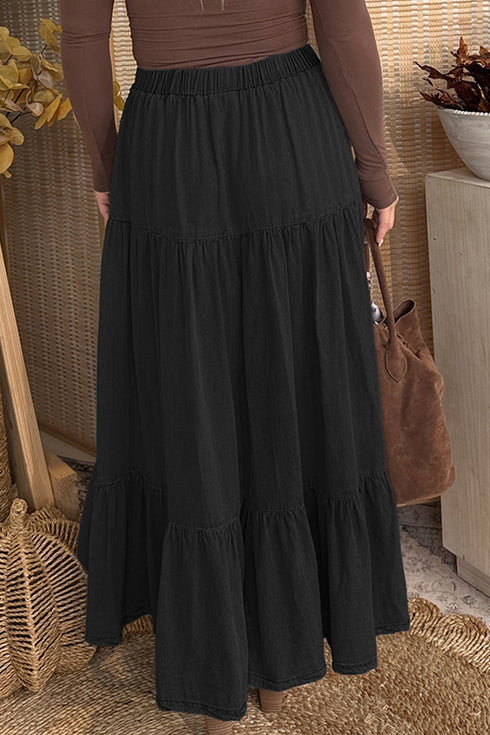 Elastic Waist Tiered Flared Maxi Skirt