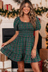 Plaid Shirred U Neck Short Sleeve Mini Dress