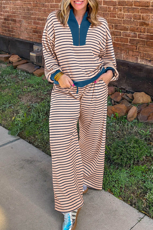 Striped V Neck Long Sleeve Lounge Set