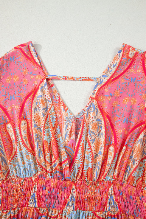 Paisley Print V Neck Short Sleeve Ruffle Bohemian Dress