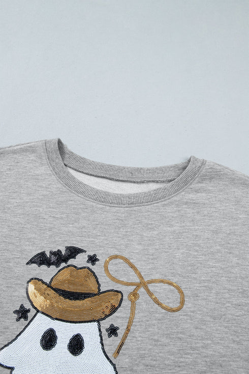 Sequin Western Ghost Print Long Sleeve Round Neck Sweatshirt