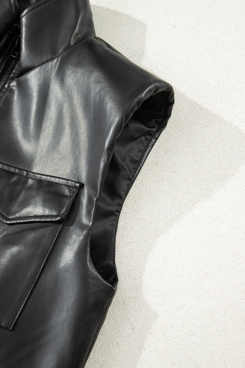 Double Flap Pocket Western Faux Leather Zip Up Vest