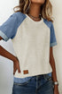 Denim Style Panel Block Patchwork Round Neck Tee