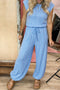 Casual Unpatterned Cap Sleeve Top And Jogger Pant Set