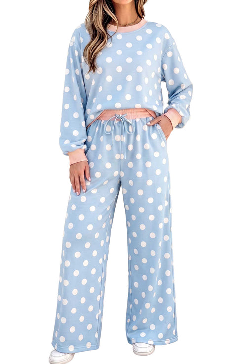 Polka Dot Trimmed Long Sleeve Drawstring Pant Set