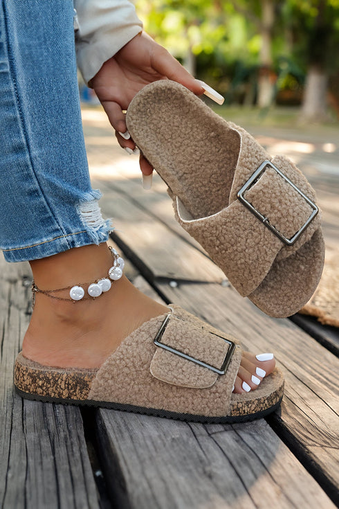 Sherpa Texture Crossed Band Metal Buckle Slipper