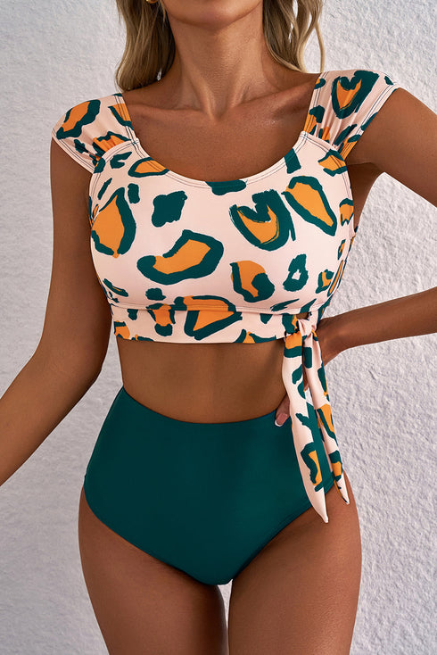 Abstract Print Cap Sleeve Tie Detail Bikini Set