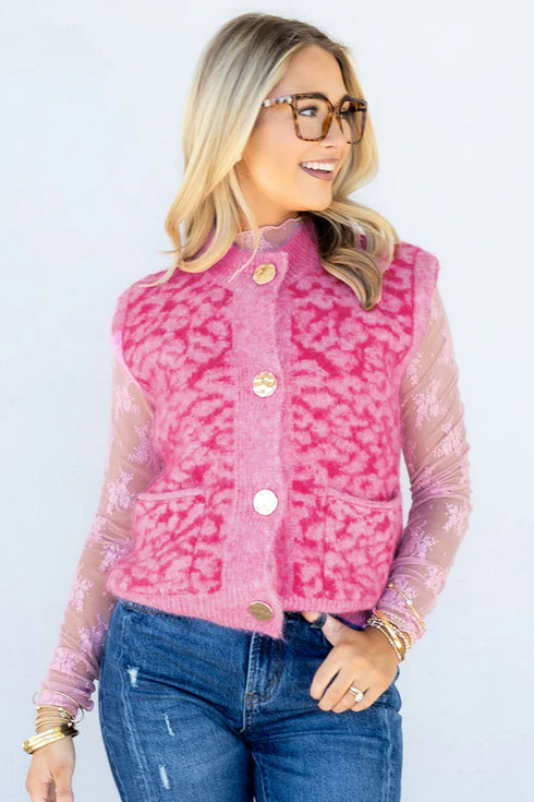 Leopard Print Knit Sleeveless Regular Sweater Vest