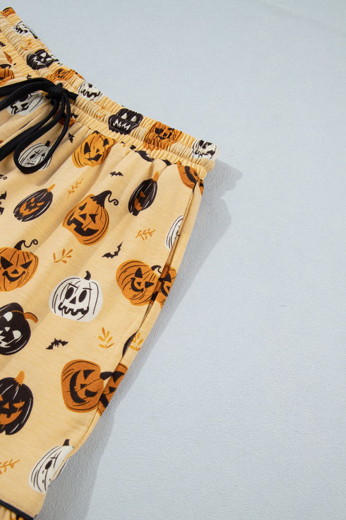 Pumpkin Face Print Ruffle Long Sleeve Two Piece Lounge Set