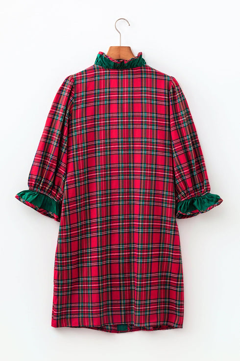 Plaid Ruffle Cuff Button Front Pocket Mini Dress