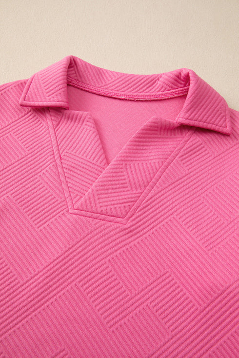 Solid Textured Collared V Neck Wide Leg Pant Sets