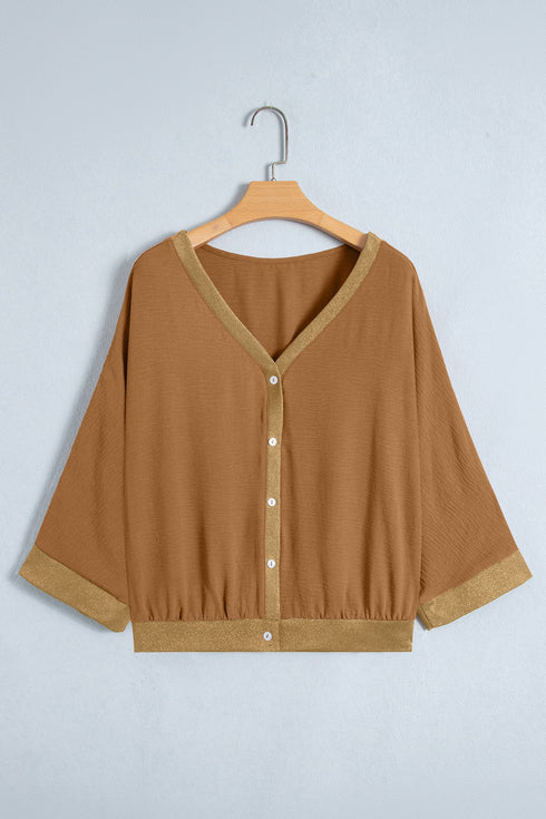 V Neck Glitter Trim Patchwork Button Front Blouse