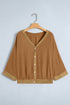 Glitter Trim Patchwork V Neck Button Front Blouse