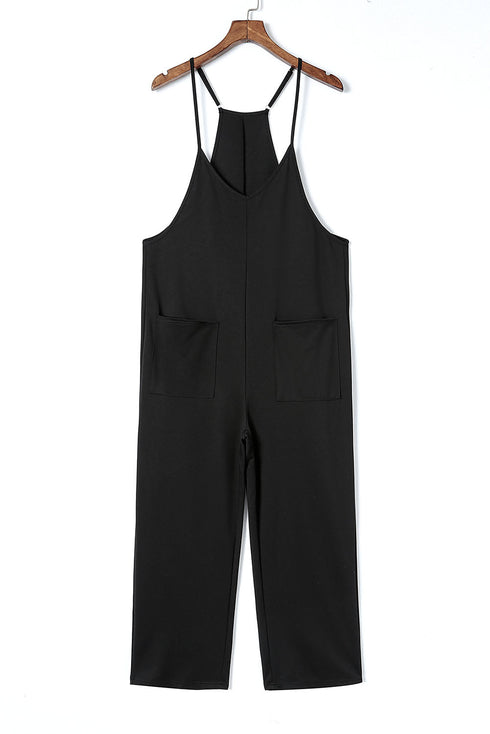 Solid Casual Adjustable Spaghetti Strap Straight Leg Jumpsuit