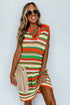 Striped Crochet Knit Collared Sleeveless Shift Dress