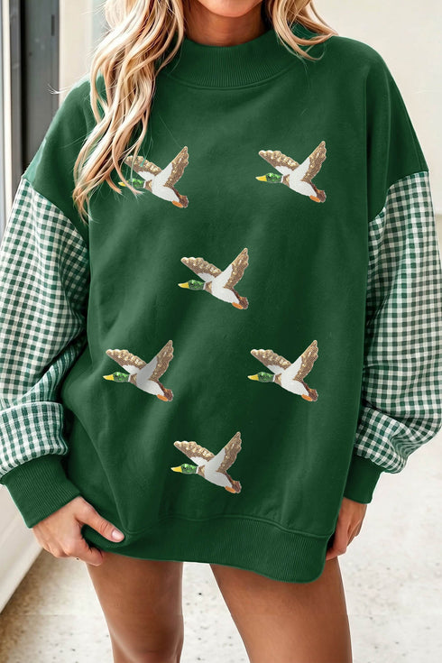Sequin Mallard Graphic Plaid Sleeve Pullover Sweatshirt