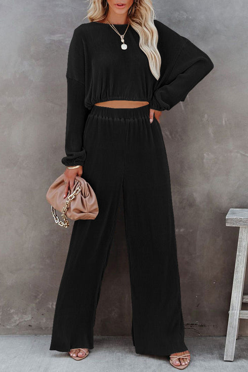 Corded Solid Cropped Pullover Wide Leg Pant Sets