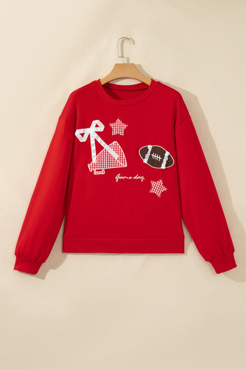 Gingham Patch Embroidered Rugby Print Stars Sweatshirt