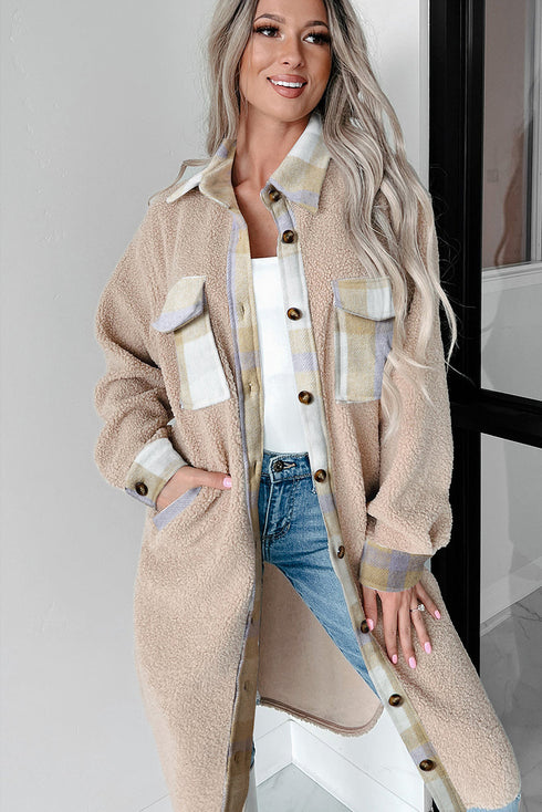 Casual Plaid Patchwork Sherpa Fleece Collared Long Coat