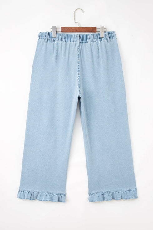 Elastic Waist Ruffled Wide Leg Denim Pants