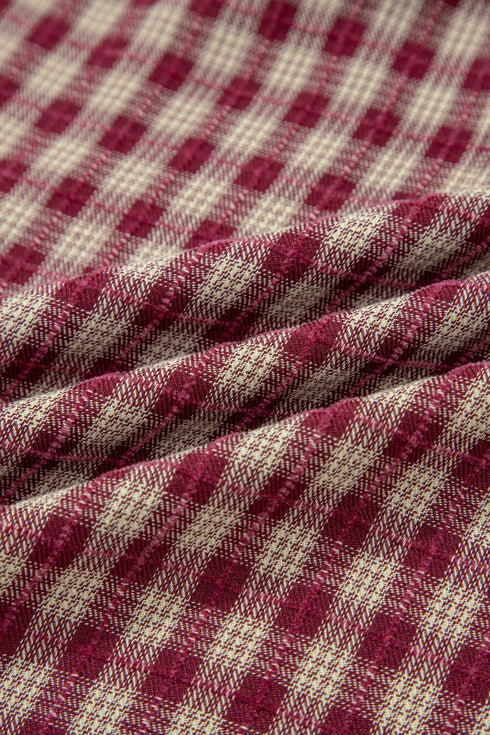 Country Plaid Keyhole Pleated Button Detail Long Sleeve Blouse