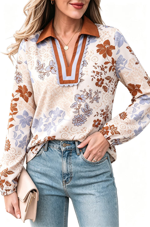 All Over Floral Print V Neck Long Sleeve Blouse
