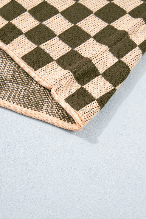 Checkered Drop Shoulder Long Sleeve Knit Sweater