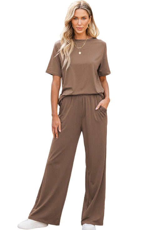 Casual Solid T Shirt Wide Leg Pant Set