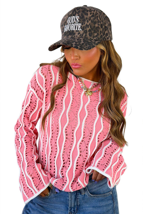 Wavy Hollow Out Knit Long Sleeve Cotton Pullover Sweater