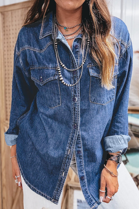 Western Patch Pockets Tunic Length Long Sleeve Denim Blouse