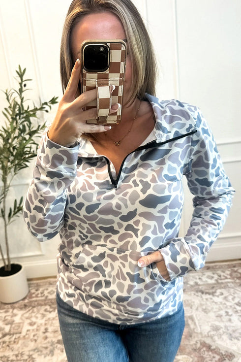 Abstract Animal Print Quarter Zip Kangaroo Pocket Pullover