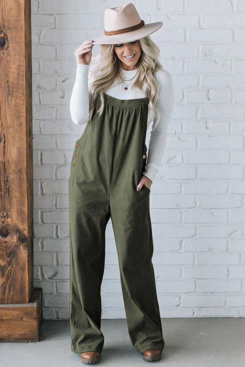 Buttoned Adjustable Strap Corduroy Bib Front Jumpsuit